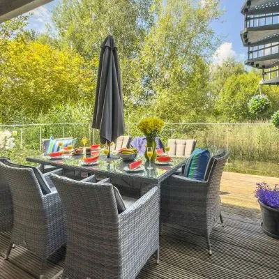 Lakeside decking outside the master bedroom at Velvet Lodge